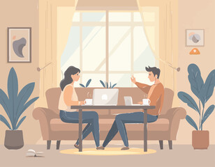 man and sister  sitting on a chair and working on a laptop