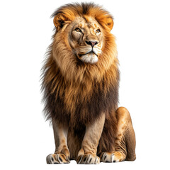 Obraz premium Majestic male lion sits upright with a full mane, gazing intently forward. Png, Transparent background.