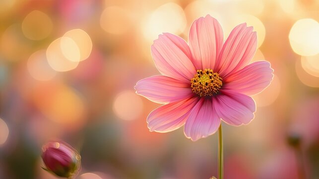 A close up of a pink cosmos flower with a bud and a bokeh background in soft warm lighting