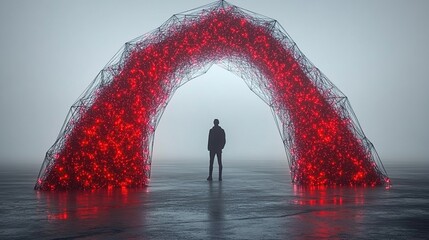 Silhouette figure stands before a glowing red archway