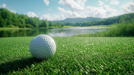 Golf ball resting on lush green grass with a blurred scenic backdrop of a lake and rolling hills. Calm and elegant atmosphere with side caption space, perfect for sports, leisure, or outdoor ads.

