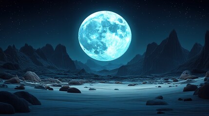 Vast desert landscape under a luminous blue moon