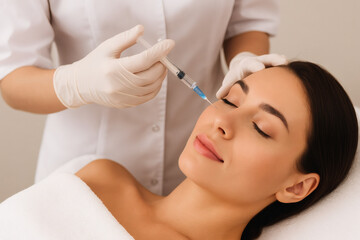 A person in a white medical uniform and gloves administers an injection to a woman lying on a treatment bed.  