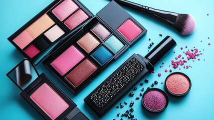 Colorful cosmetic palettes and accessories on a vibrant background