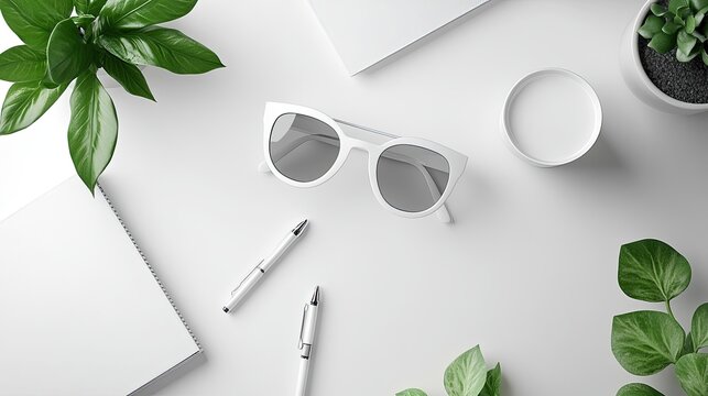 Top view of white sunglasses pens notebook and plants on a white surface in a studio setting