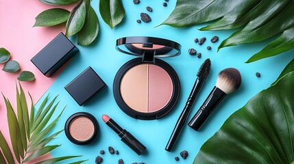 Cosmetics arranged on a vibrant background with tropical leaves and stones