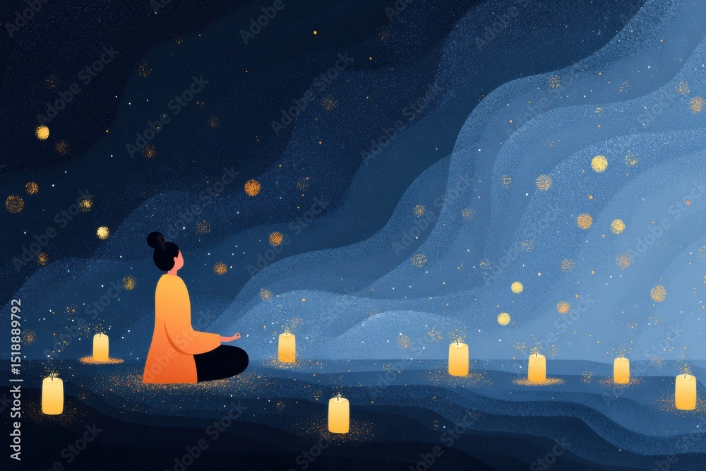 Poster mindfulness meditation at dusk with floating candles and a serene atmosphere for inner peace and ref