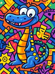 Cartoon crocodile in vibrant, colorful background