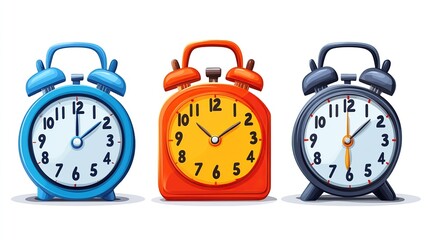 Three colorful alarm clocks with different colored casings