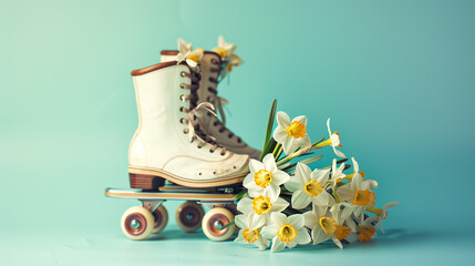 Vintage roller skates with bouquet of beautiful narcissus flowers on blue background .