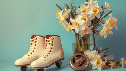 Vintage roller skates with bouquet of beautiful narcissus flowers on blue background .
