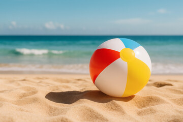 A colorful beach ball rests on a sandy beach with the ocean in the background.