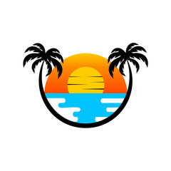 Beach and palm tree view with sunset  background