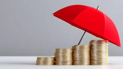 Stacked coins protected by a red umbrella, symbolizing financial security