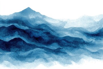 abstract indigo light blue watercolor waves mountains on white background. High quality