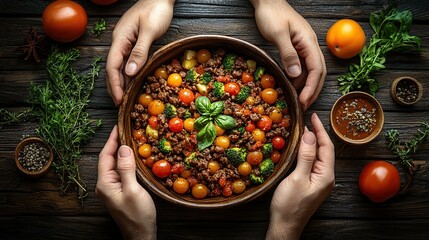 Shared bowl of hearty, colorful, and flavorful vegetable and meat dish