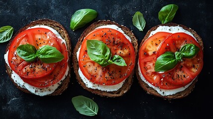 Three slices of rustic bread topped with creamy spread, juicy tomato slices, and fresh basil leaves