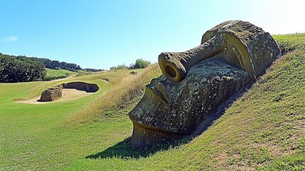 Massive stone head carved into a grassy hillside,  amidst sculpted earth mounds