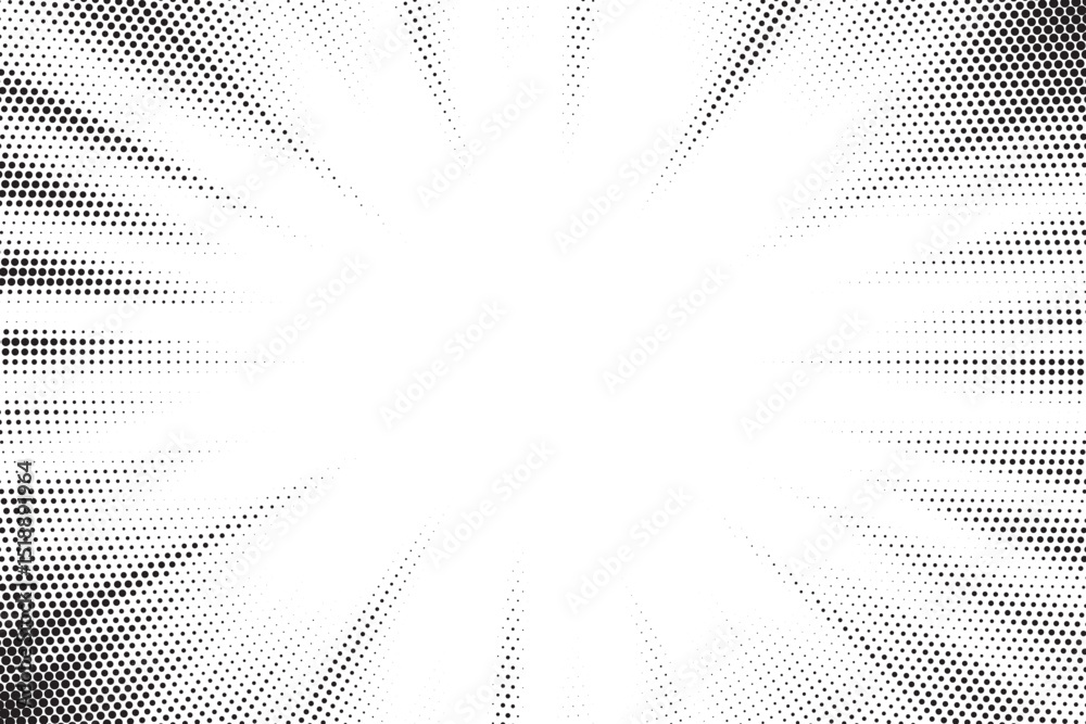 Poster Halftone gradient sun rays pattern. Abstract halftone vector dots background. monochrome dots pattern. Vector background in comic book style with sunburst rays and halftone. Retro pop art design.