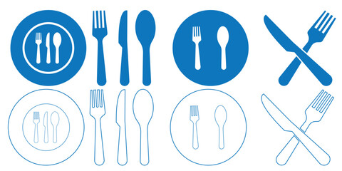 Fork, spoon, knife and plate. Menu symbol. Tableware instruments. Restaurant icon. Food, plate, fork, knife, spoon, cutlery icon set.