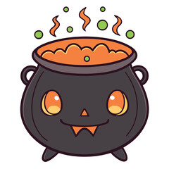 Cute cartoon halloween witch cauldron with smiling face and orange brew vector illustration