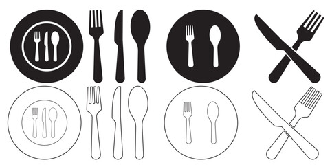 Obraz premium Fork, spoon, knife and plate. Menu symbol. Tableware instruments. Restaurant icon. Food, plate, fork, knife, spoon, cutlery icon set.