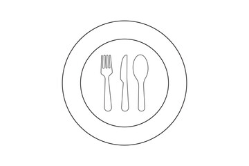 Fork, spoon, knife and plate. Menu symbol. Tableware instruments. Restaurant icon. Food, plate, fork, knife, spoon, cutlery icon set.
