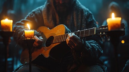 Obraz premium A man plays guitar by candlelight