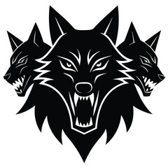 Obraz premium Fierce black wolf heads with sharp teeth in aggressive growling expression vector illustration