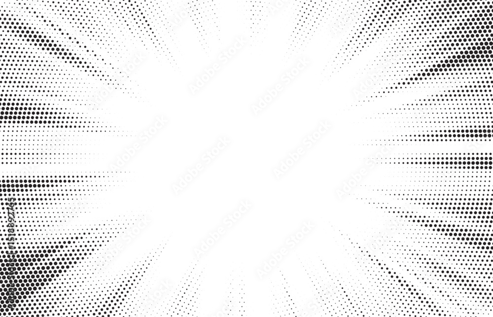 Poster Halftone gradient sun rays pattern. Abstract halftone vector dots background. monochrome dots pattern. Vector background in comic book style with sunburst rays and halftone. Retro pop art design.