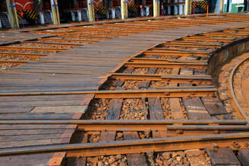 A collection of vintage locomotives housed at the historic Changhua roundhouse in Taiwan.