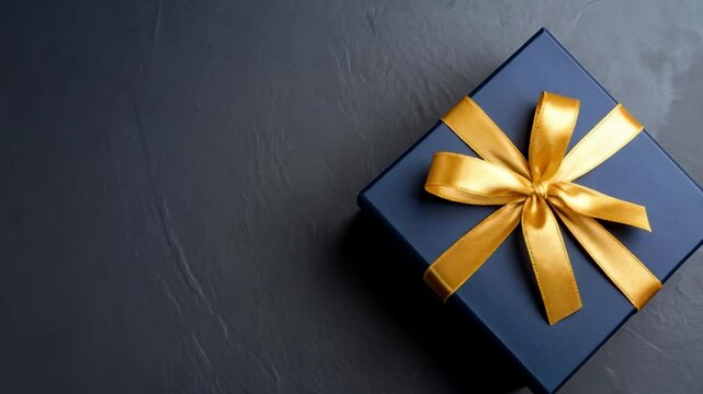 Elegant navy blue gift box adorned with a luxurious gold ribbon, placed on a textured dark surface providing space for message.