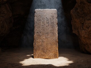 Ancient stone tablet with hieroglyphs in a cavern.