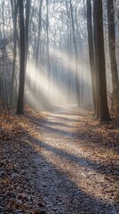 Obraz premium Serene forest pathway with sunlight streaming through tall trees du winter with frost covered ground and misty atmosphere creating a peaceful natural scene