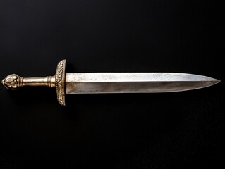 Ornate gladius sword with silver blade on black background.