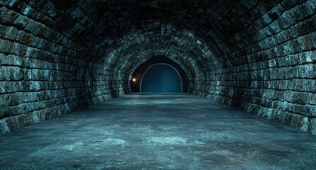 Obraz premium Eerie stone tunnel with dim light at the end.