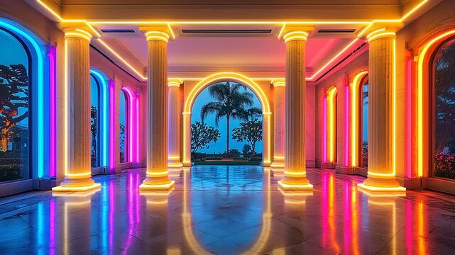 Neon-lit colonnaded hallway