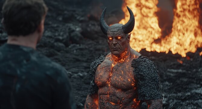 Fiery demon confronts a man in a hellish landscape.