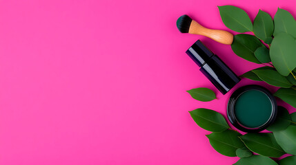 Vibrant Beauty Products Arranged With Fresh Green Leaves on a Bright Pink Background
