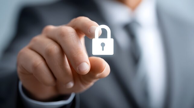 A businessman tapping a digital lock icon on a screen. long_title:A businessman in a suit tapping a digital lock icon on a screen, representing online