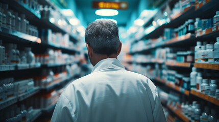Fototapeta premium Professional pharmacist in white coat reviewing medications in drugstore, healthcare expertise and trust