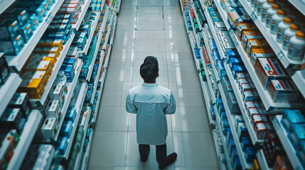 Professional pharmacist in white coat reviewing medications in drugstore, healthcare expertise and trust