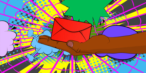 Cartoon, comic book human hands holding Letter Envelope. Retro vector comics pop art design.