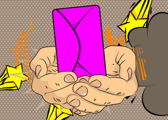 Cartoon, comic book human hands holding Letter Envelope. Retro vector comics pop art design.