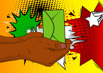 Cartoon, comic book human hands holding Letter Envelope. Retro vector comics pop art design.