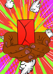 Cartoon, comic book human hands holding Letter Envelope. Retro vector comics pop art design.