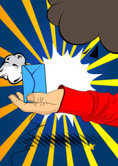 Cartoon, comic book human hands holding Letter Envelope. Retro vector comics pop art design.