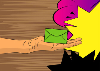 Cartoon, comic book human hands holding Letter Envelope. Retro vector comics pop art design.