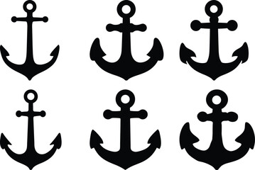 Collection of six different types of black anchor nautical design elements