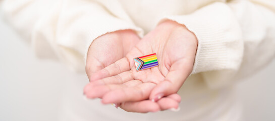 Happy pride month and LGBT or LGBTQ or LGBTQIA with rainbow flag Brooch pin for Lesbian, Gay,...